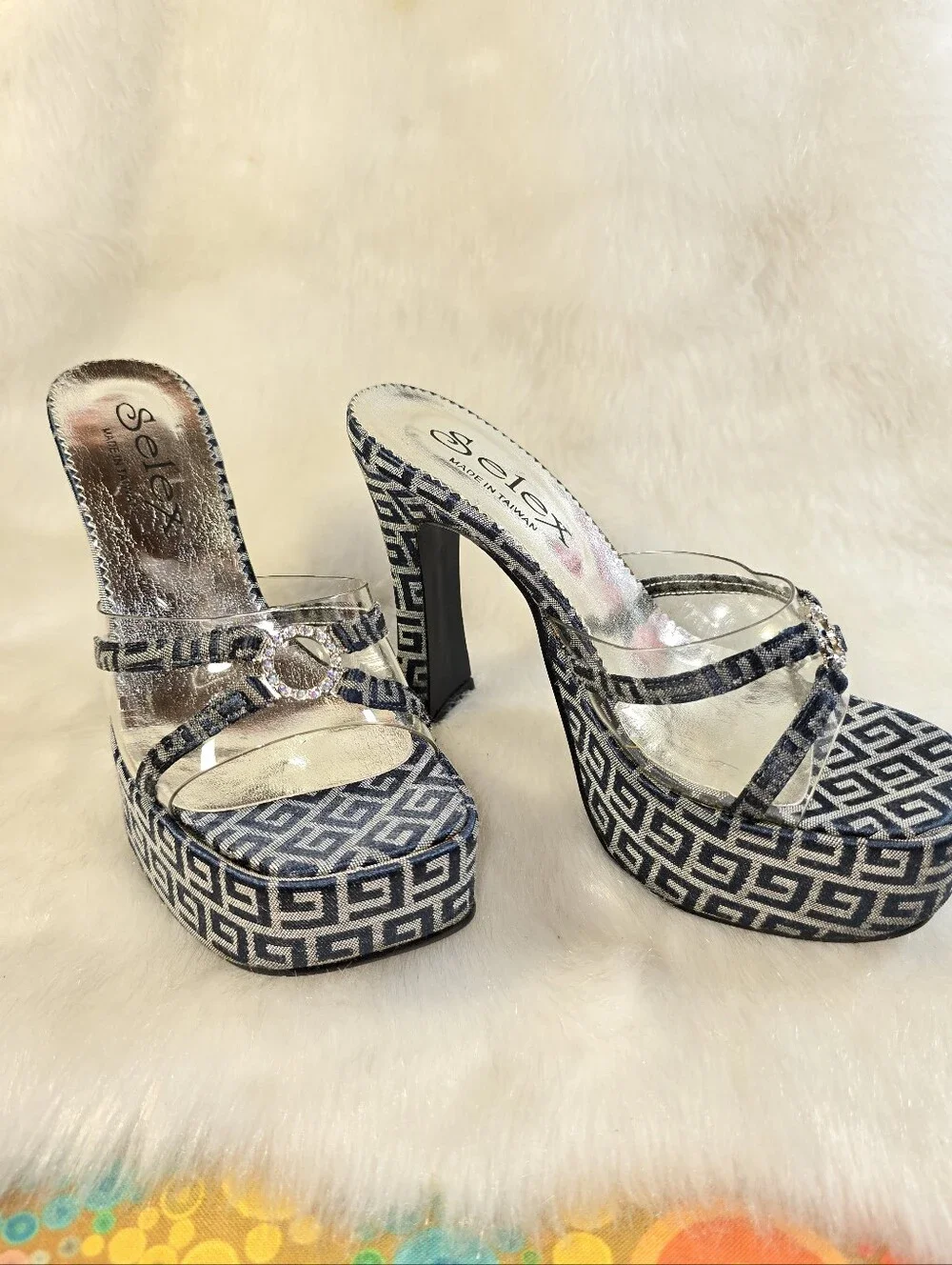 Selex Womens Navy & Siver Platform Mule Slide Sandals